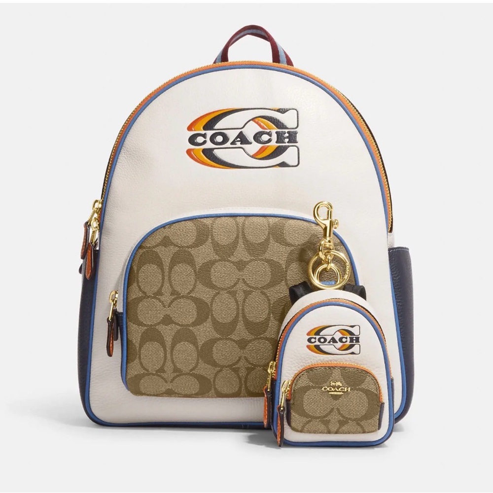 COACH Signature Mini Backpack in White and Brown with mini backpack accessory ! - Picture 2 of 2